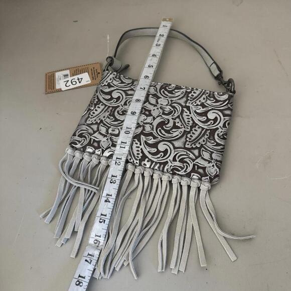 New Justin Convertible Bag to Wristlet White Tooled Leather Fringe Weste… - Picture 4 of 5